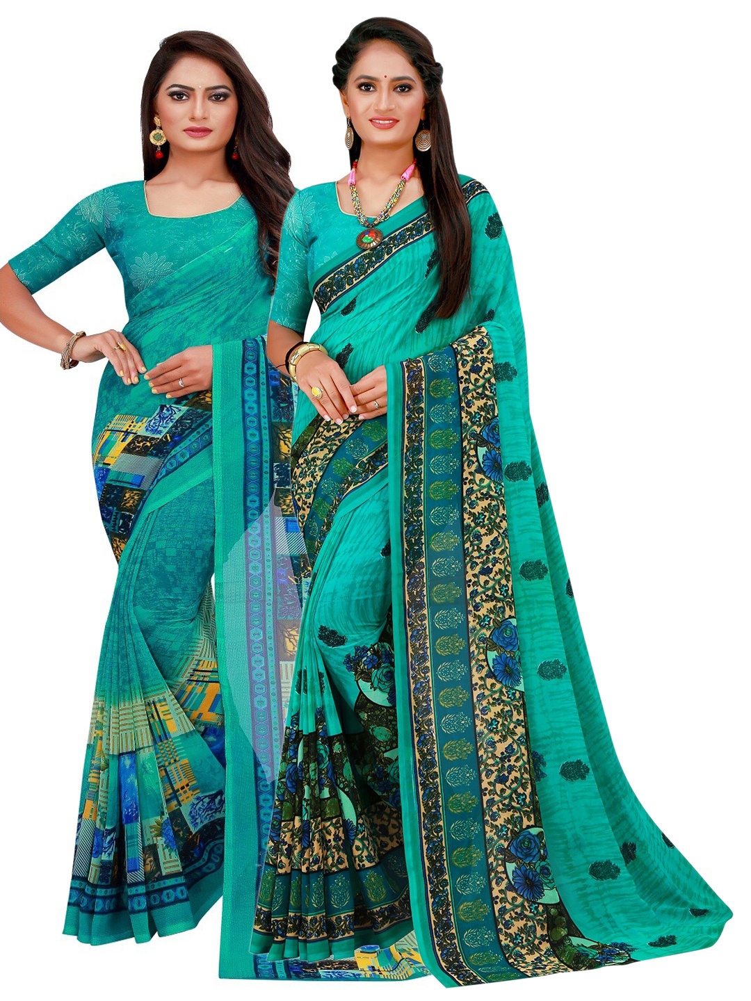 

KALINI Pack of 2 Turquoise Blue Pure Georgette Sarees