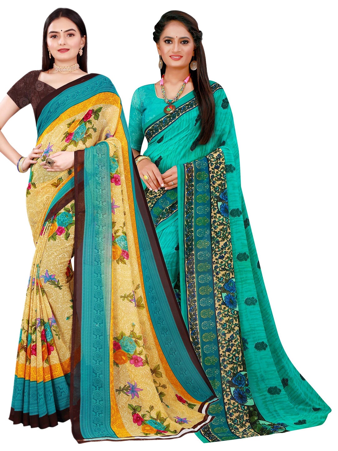 

KALINI Pack Of 2 Turquoise Blue & Beige Pure Georgette Saree