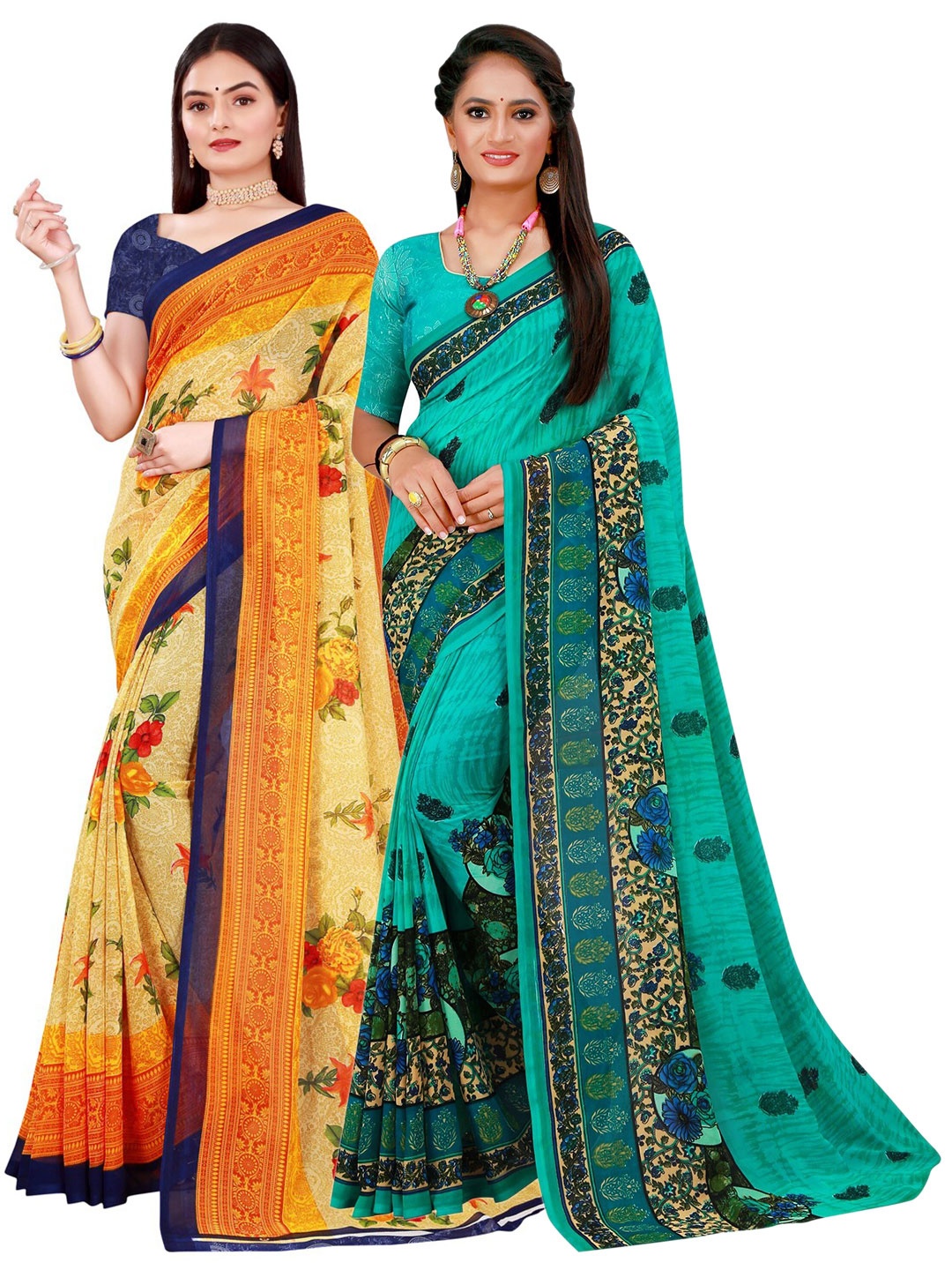 

KALINI Yellow & Turquoise Blue Floral Pack of 2 Pure Georgette Saree