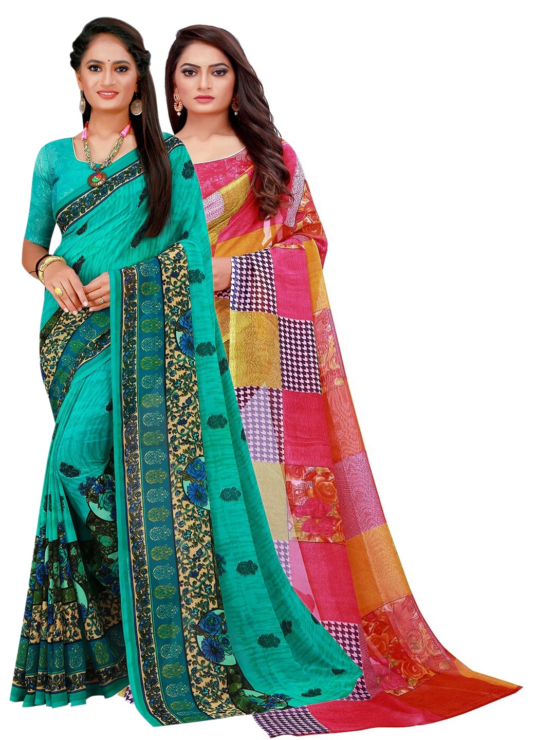 

KALINI Red & Green Set Of 2 Floral Pure Georgette Saree