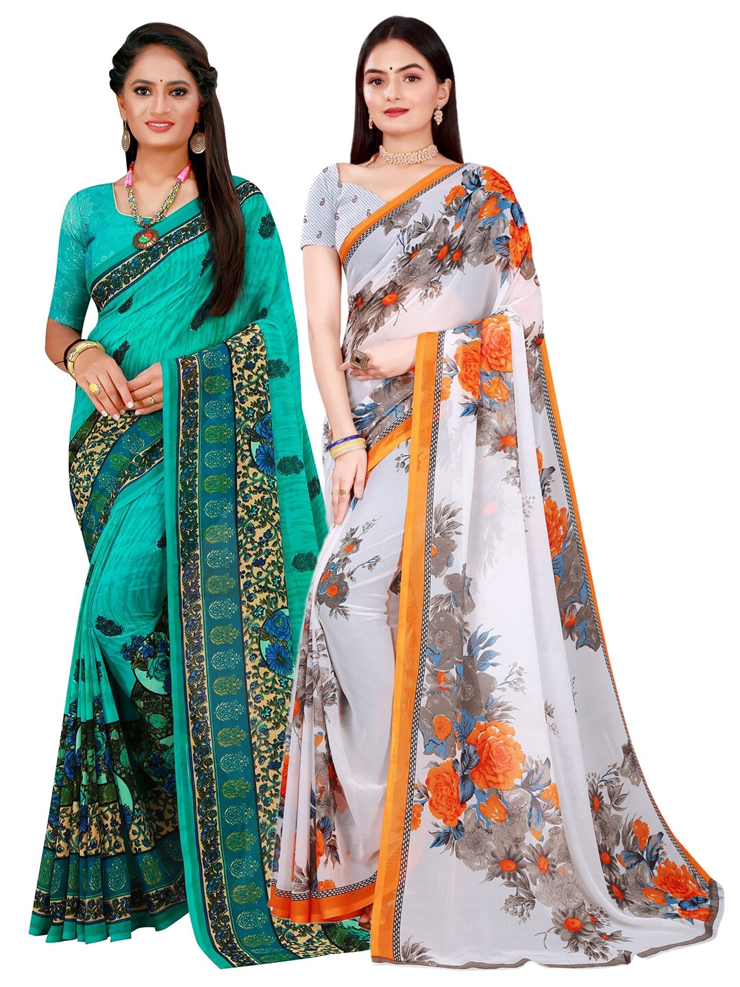 

KALINI Pack of 2 Turquoise Blue & White Floral Pure Georgette Saree