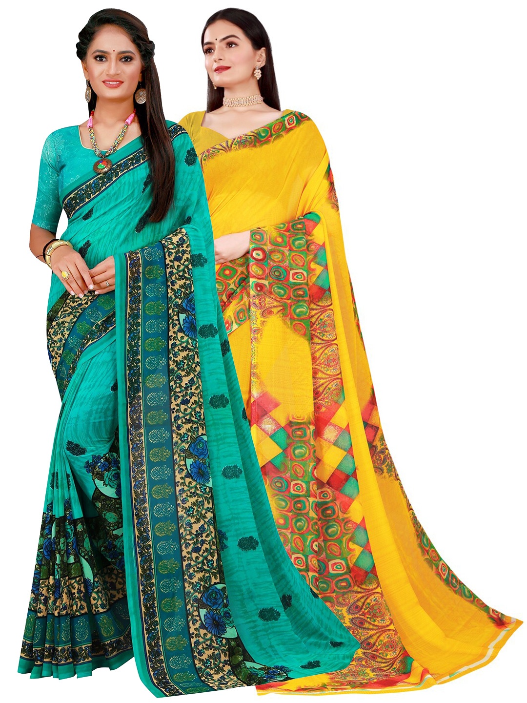 

KALINI Pack of 2 Sea Green & Yellow Floral Pure Georgette Saree