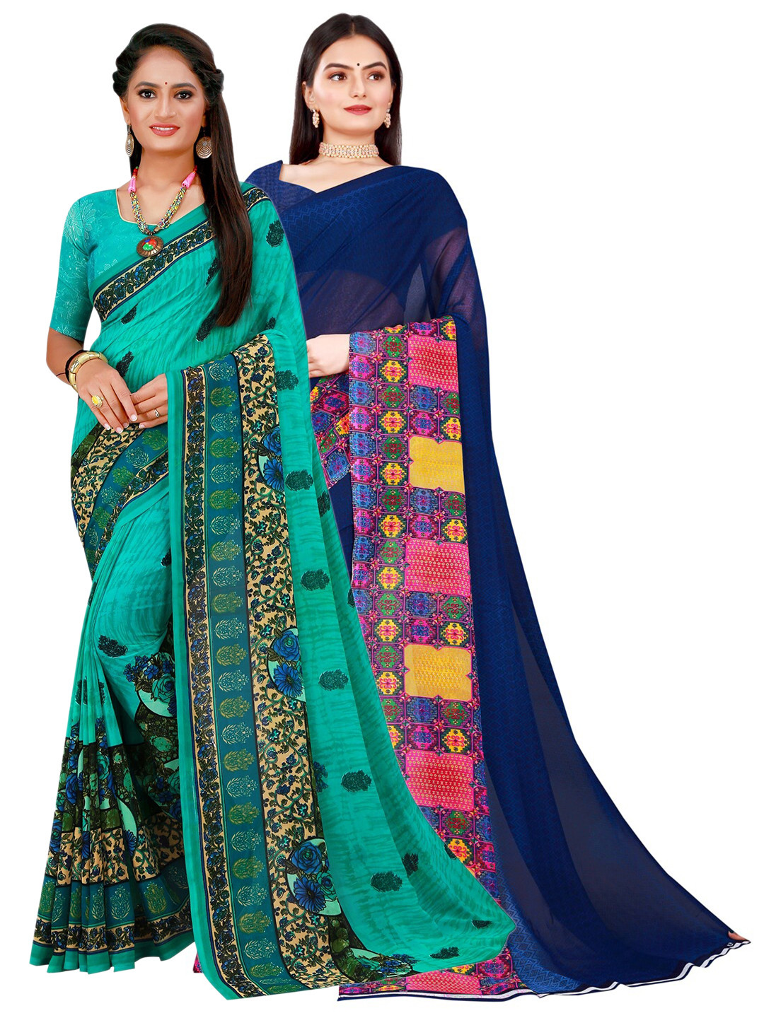 

KALINI Turquoise Blue & Navy Pack of 2 Blue Pure Georgette Saree