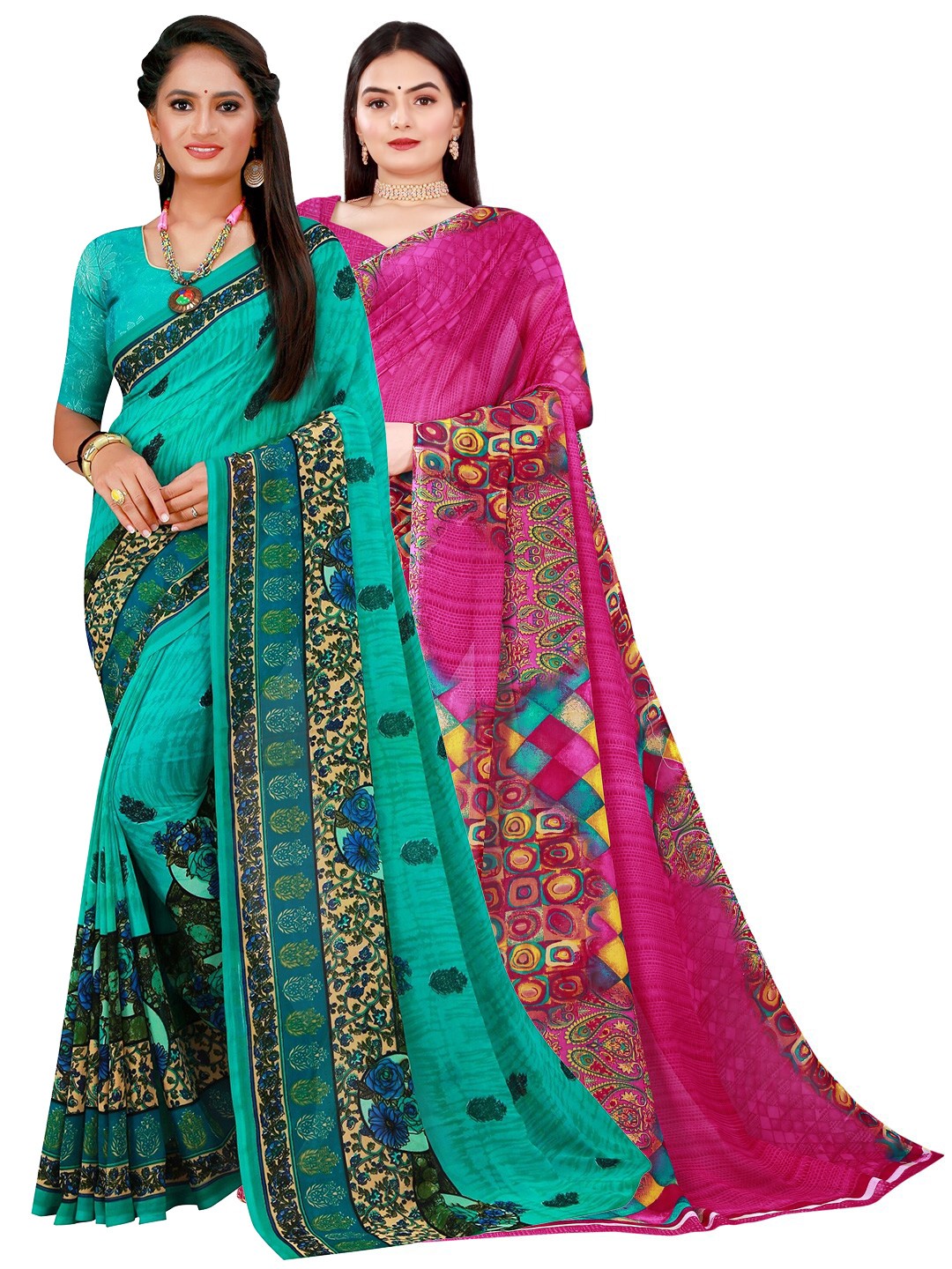

KALINI Magenta & Green Set Of 2 Pure Georgette Saree