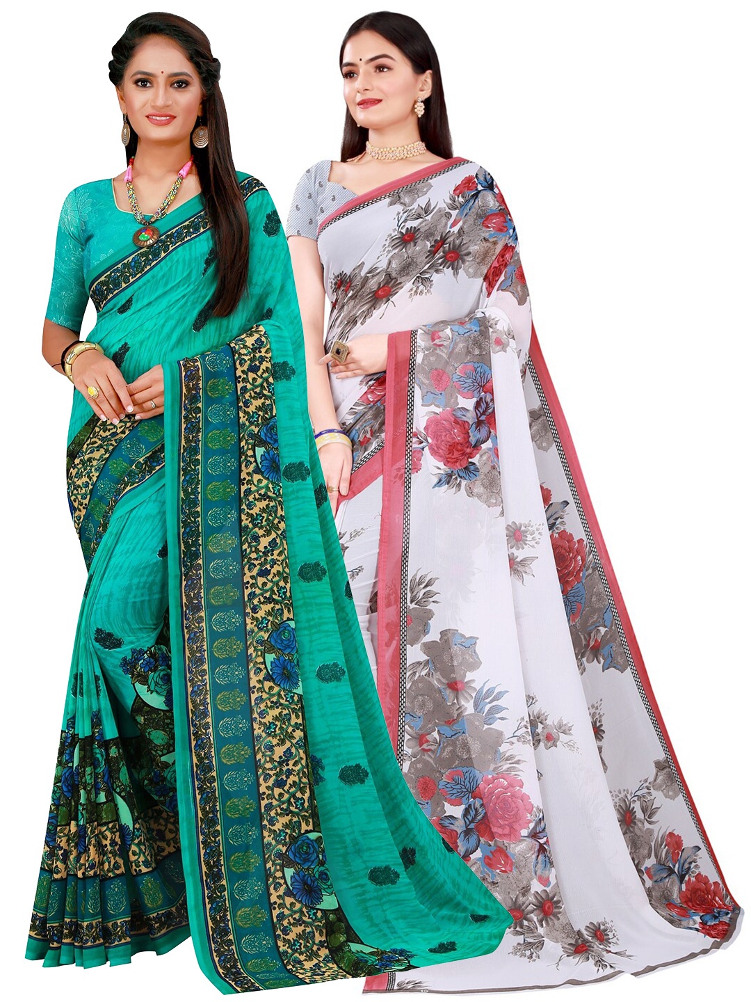 

KALINI Turquoise Blue & White Floral Pack of 2 Pure Georgette Saree