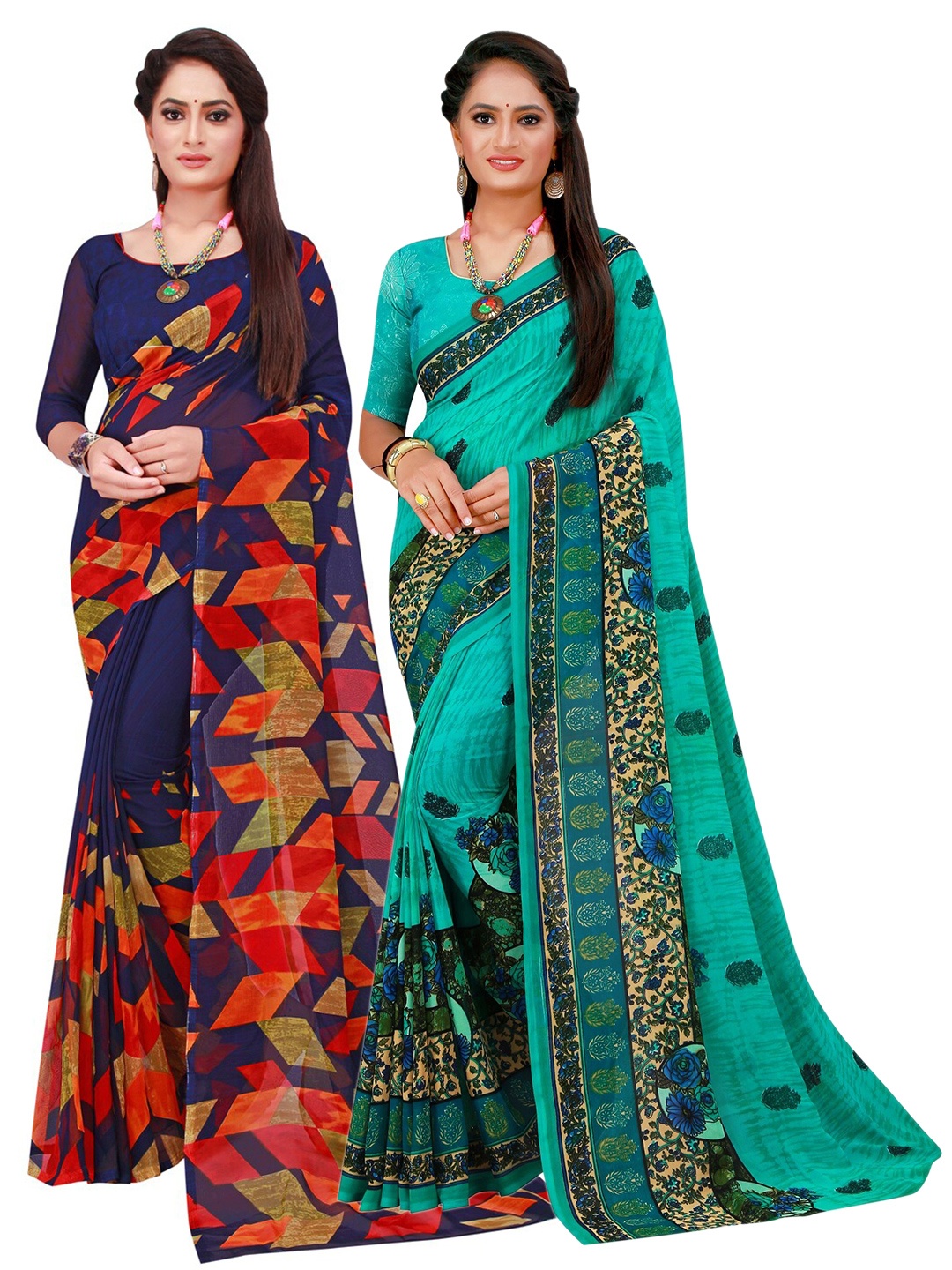 

KALINI Navy Blue & Turquoise Blue Pack of 2 Printed Pure Georgette Sarees