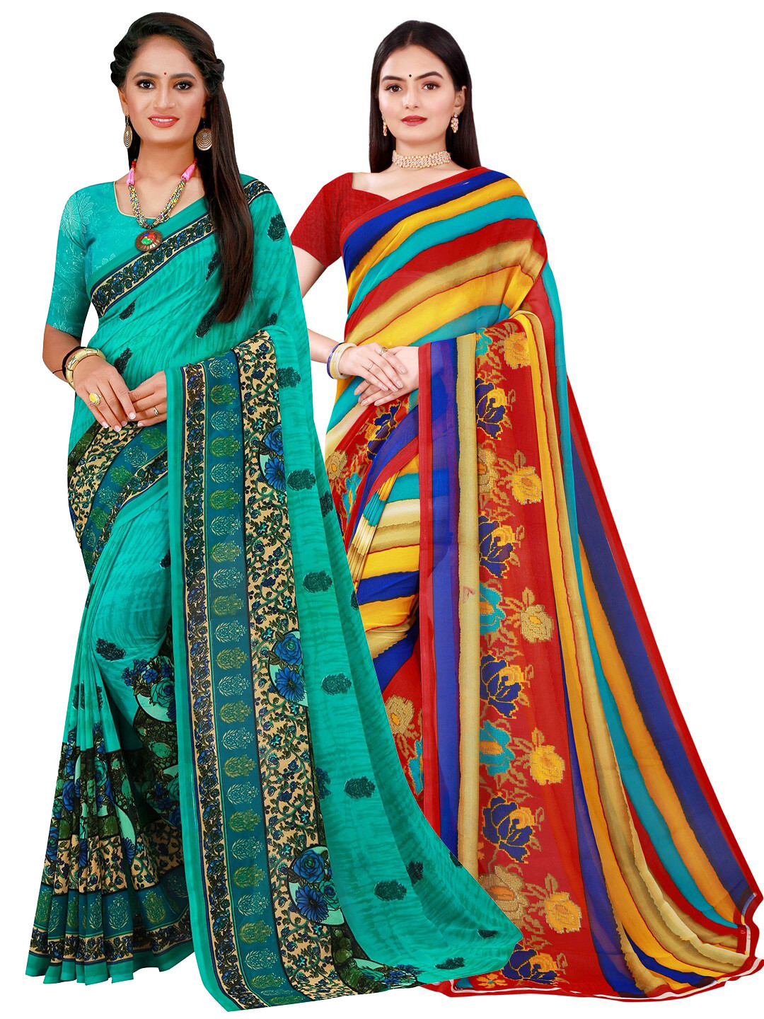 

KALINI Blue & Red Striped Pure Georgette Saree Pack Of 2