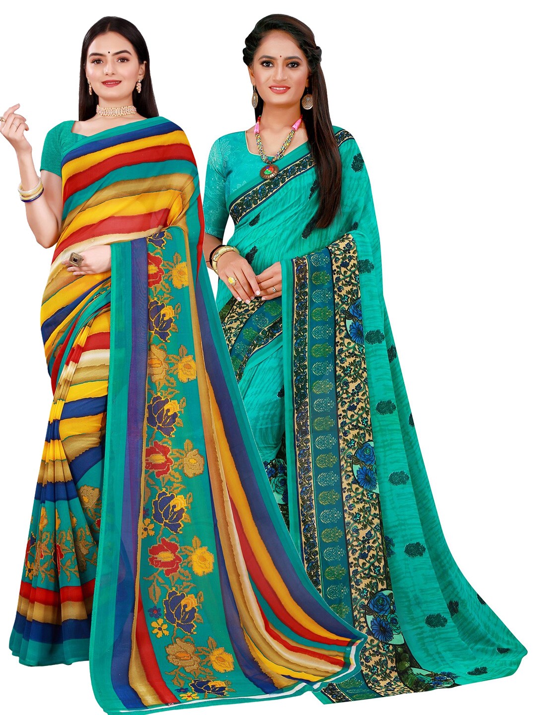 

KALINI Turquoise Blue & Red Set Of 2 Floral Pure Georgette Saree