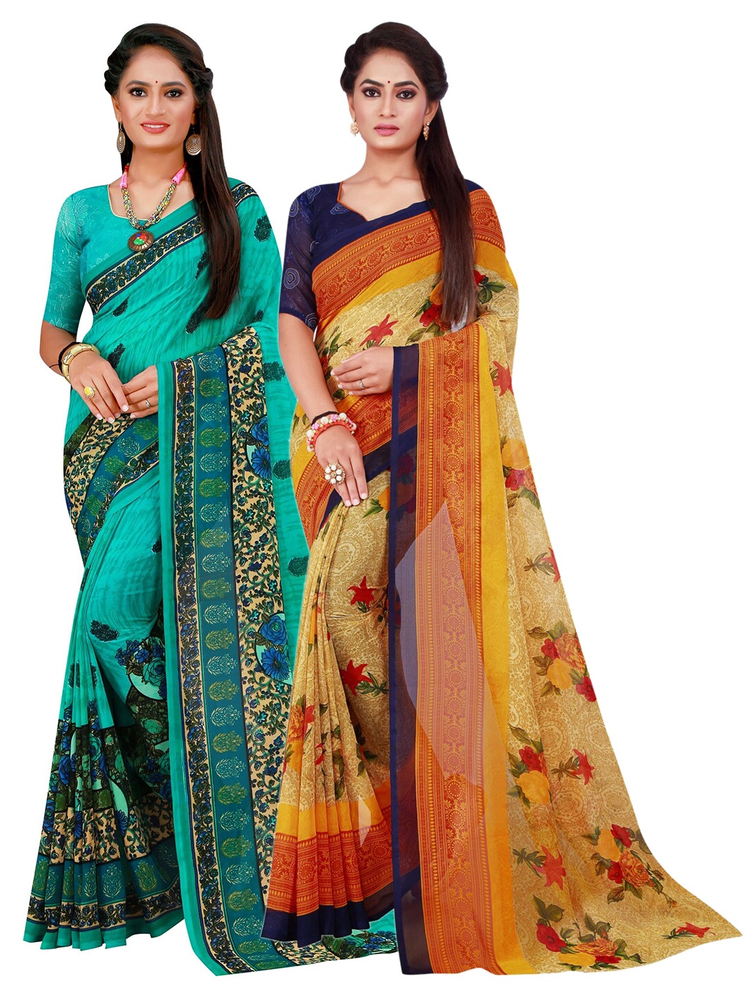 

KALINI Turquoise Blue & Beige Set Of 2 Floral Pure Georgette Saree