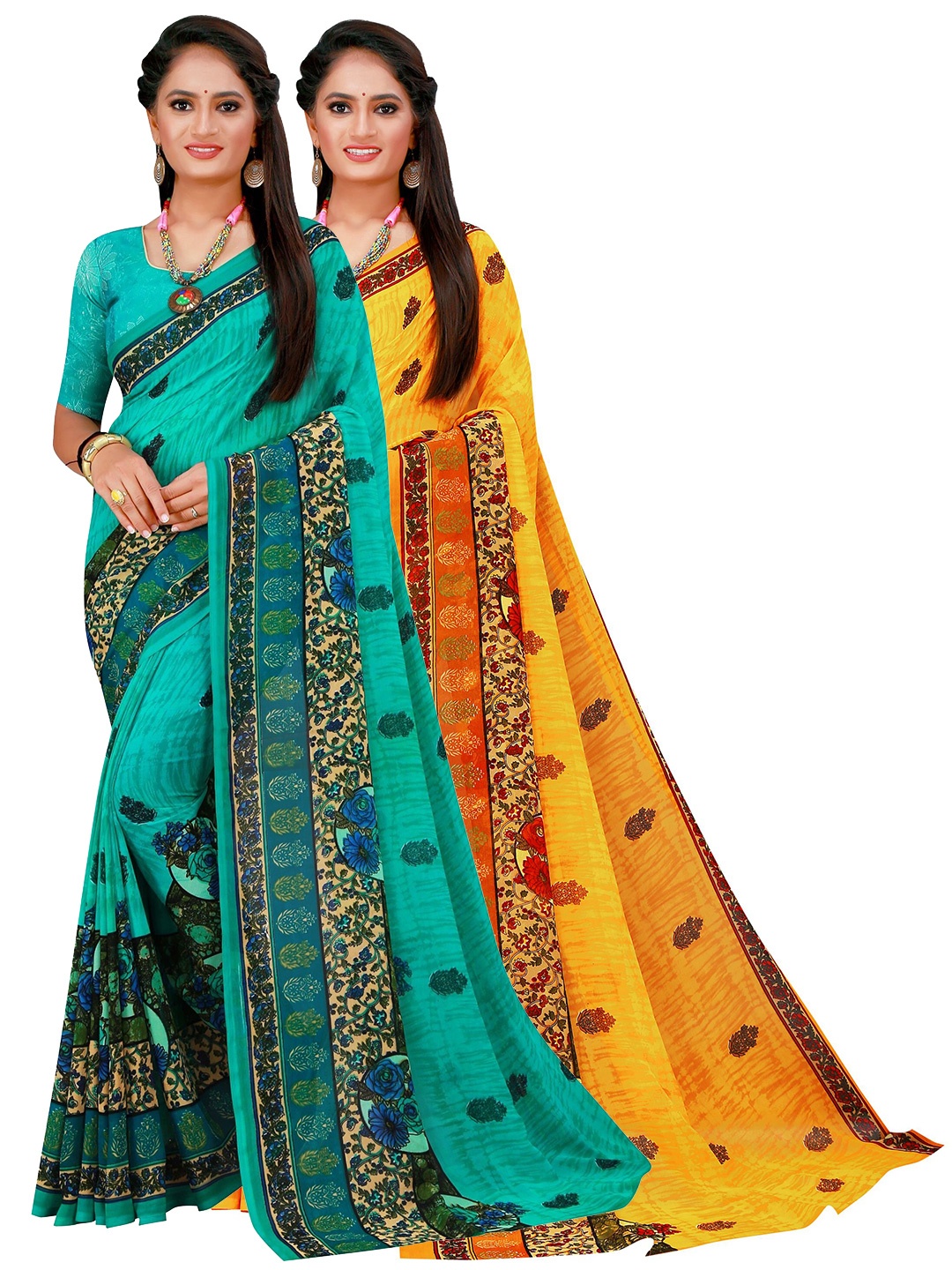 

KALINI Pack of 2 Turquoise Blue & Yellow Floral Pure Georgette Saree