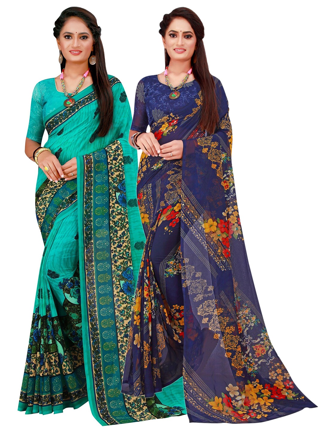 

KALINI Turquoise Blue & Yellow Floral Pack of 2 Pure Georgette Saree