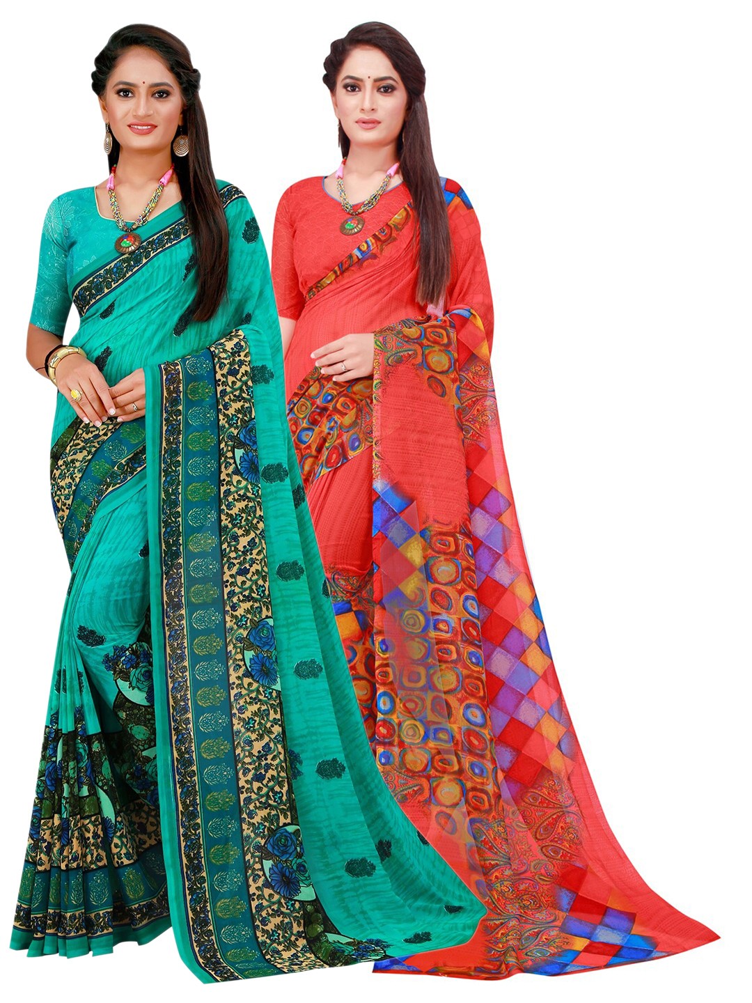 

KALINI Turquoise Blue & Red Floral Pure Georgette Saree