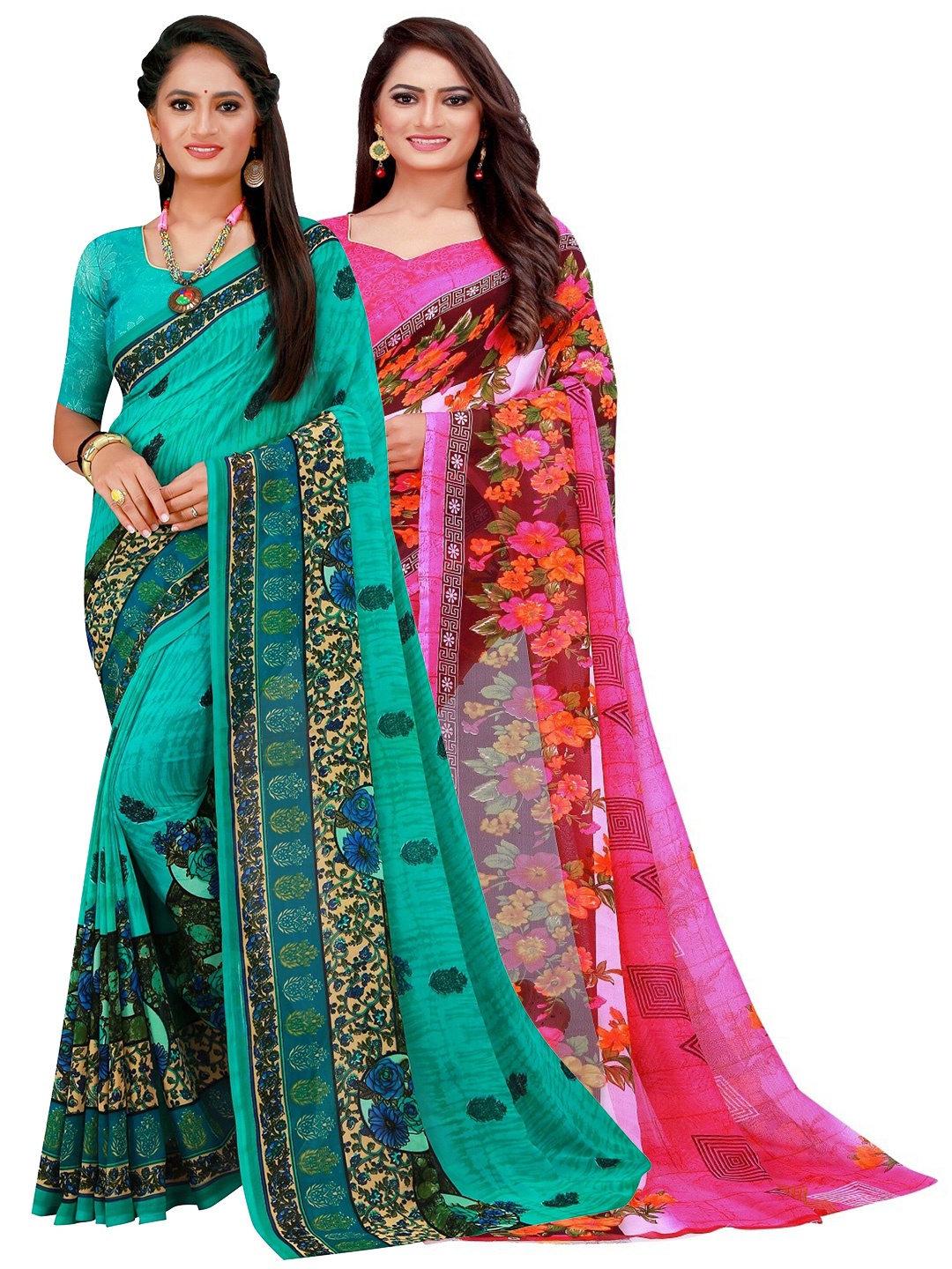 

KALINI Turquoise Blue & Pink Floral Pure Georgette Saree Pack Of 2