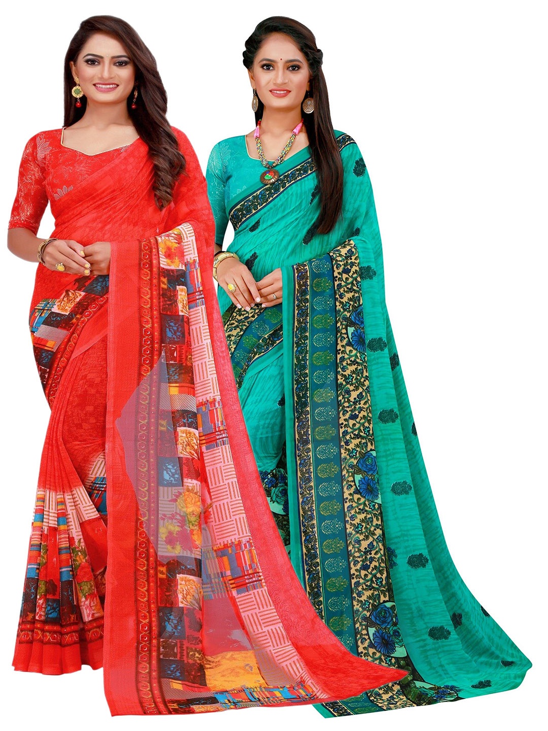 

KALINI Turquoise Blue & Red Floral Pack of 2 Pure Georgette Saree