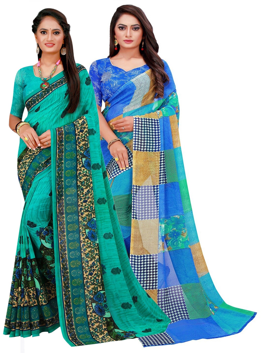 

KALINI Blue & Green Set Of 2 Floral Pure Georgette Saree
