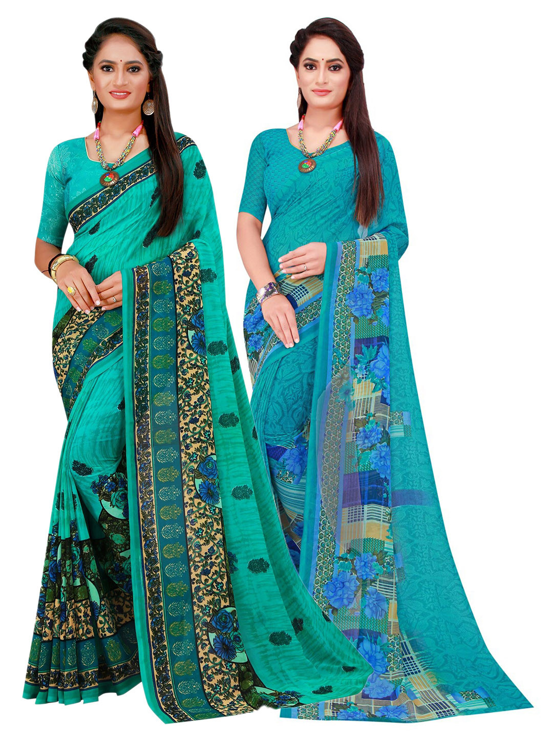 

KALINI Pack of 2 Turquoise Blue & Green Floral Printed Pure Georgette Saree
