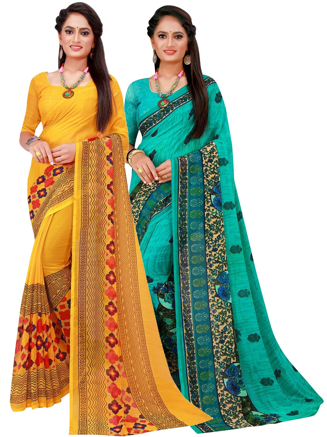 

KALINI Yellow & Green Pack of 2 Floral Pure Georgette Saree