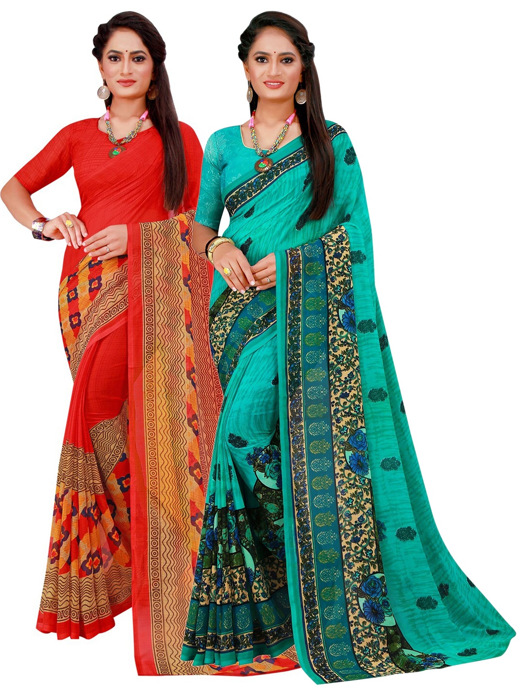 

KALINI Pack of 2 Red & Green Floral Pure Georgette Saree