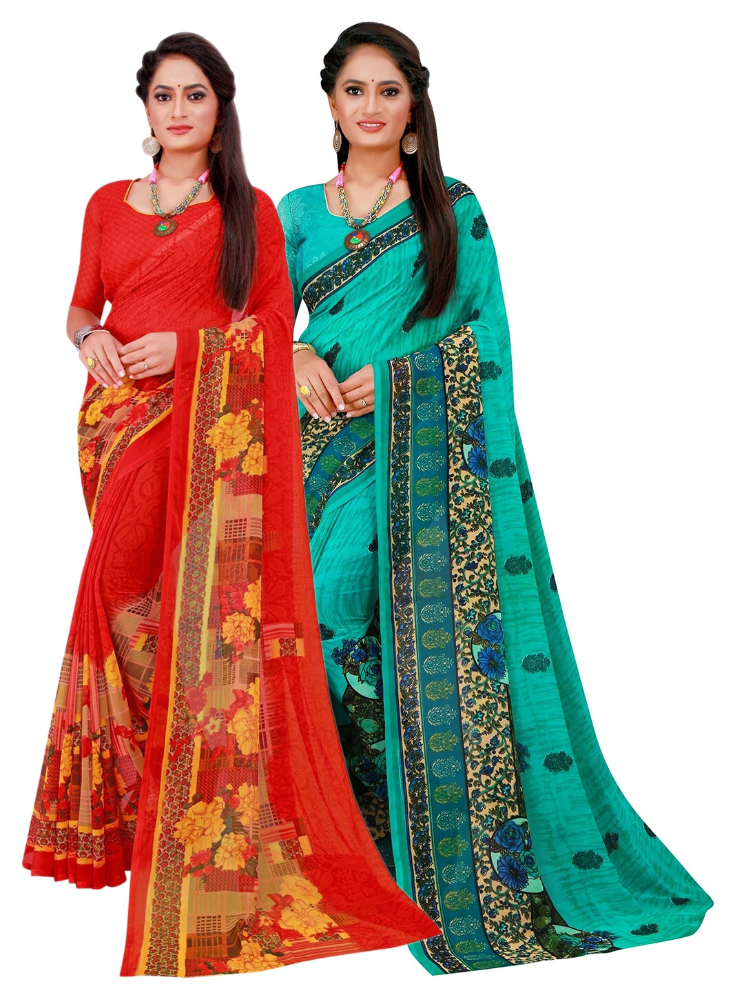 

KALINI Pack of 2 Turquoise Blue & Red Floral Saree