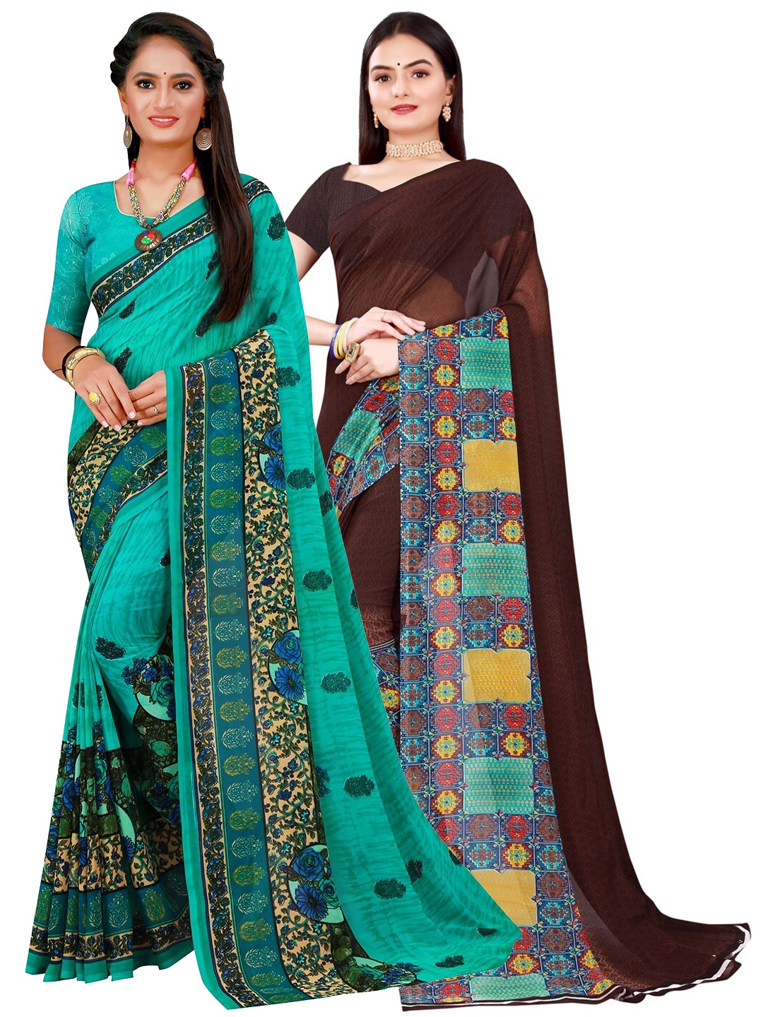 

KALINI Brown & Blue Floral Set of 2 Printed Pure Georgette Saree
