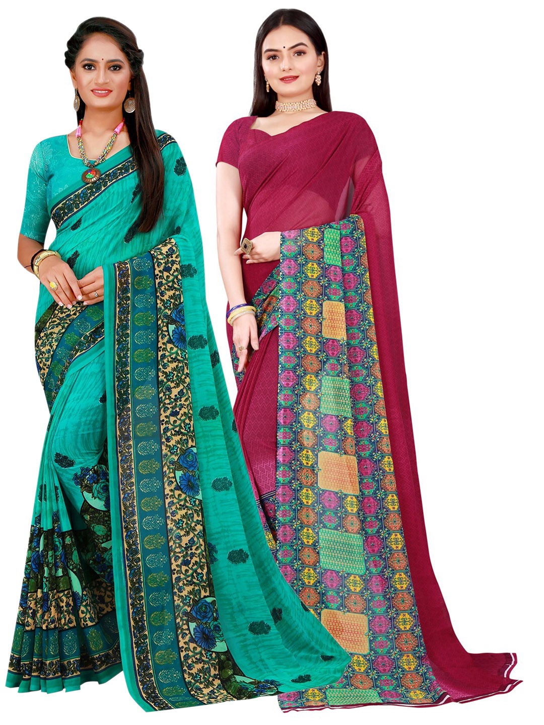 

KALINI Turquoise Blue & Maroon Set Of 2 Pure Georgette Saree