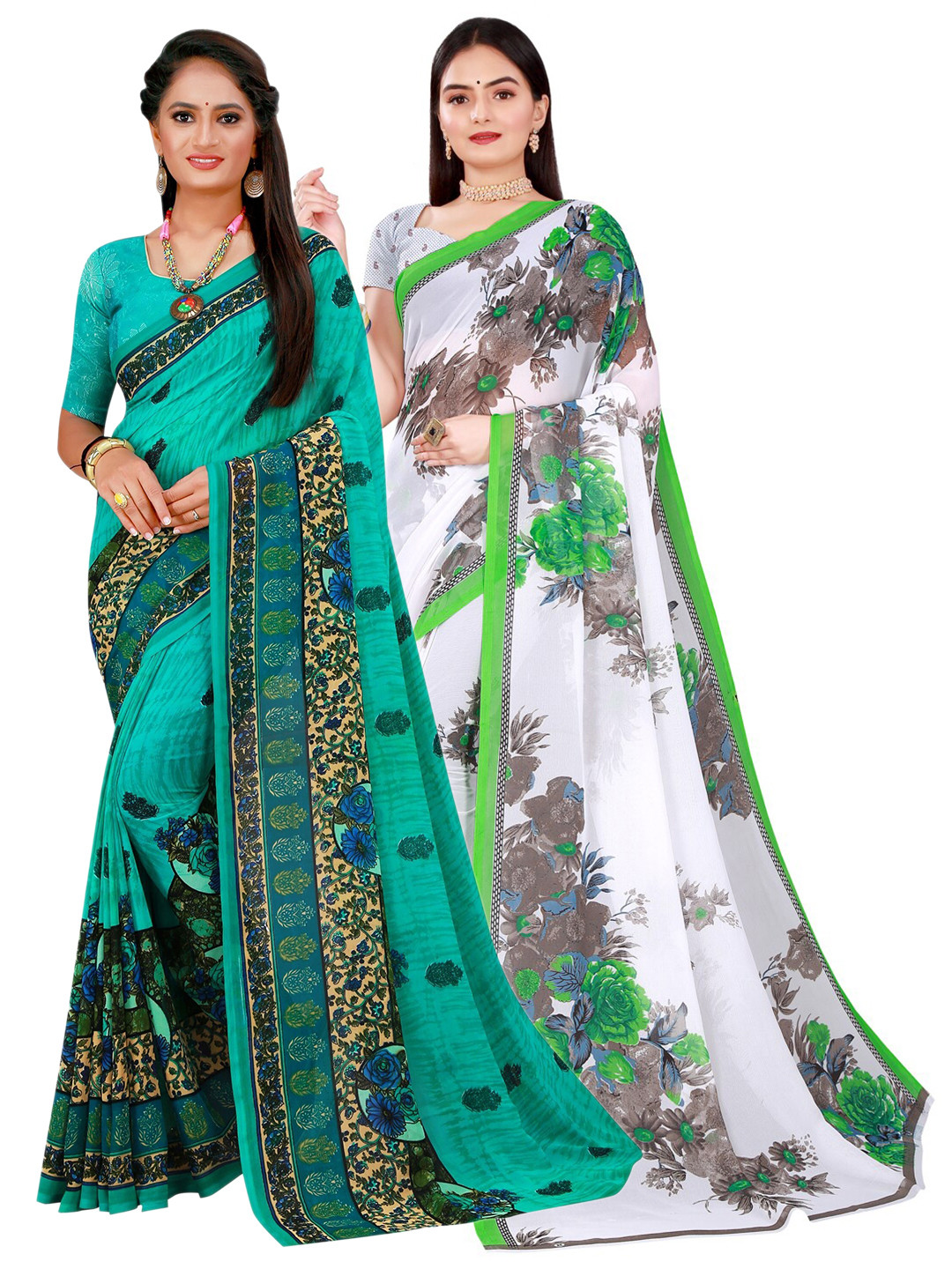 

KALINI Pack of 2 Floral Pure Georgette Saree, Turquoise blue