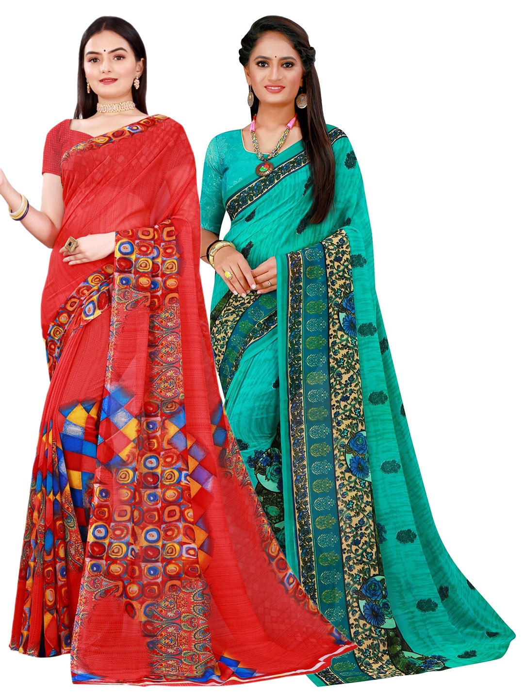 

KALINI Red & Green Pack Of 2 Printed Pure Georgette Sarees