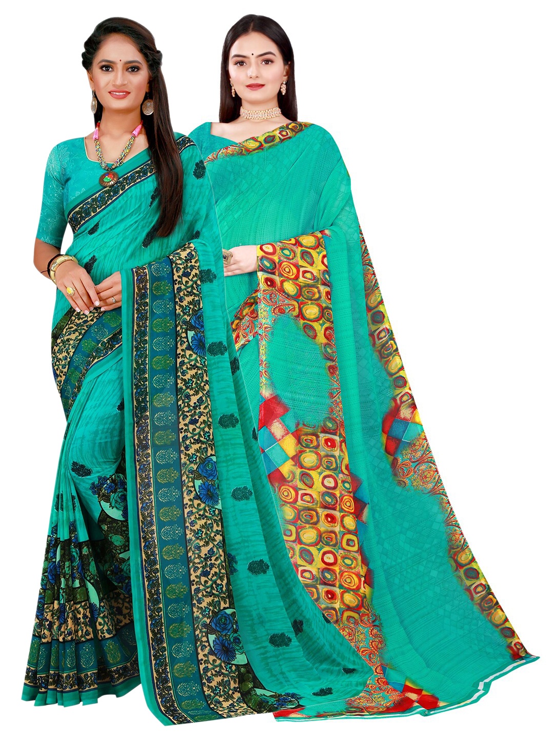 

KALINI Turquoise Blue & Green Set Of 2 Floral Pure Georgette Saree