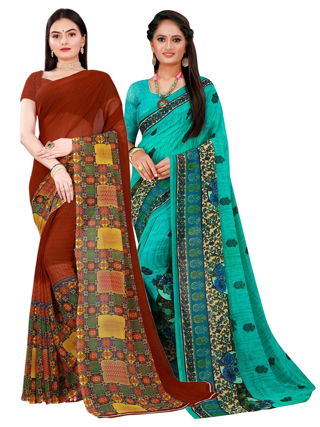 

KALINI Turquoise Blue & Brown Pack Of 2 Printed Pure Georgette Sarees