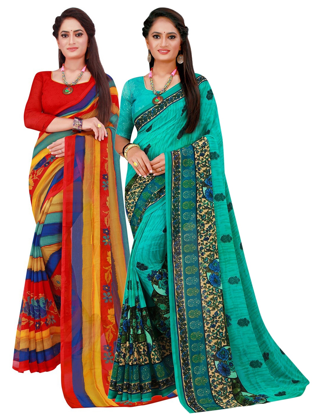 

KALINI Pack of 2 Multicoloured & Sea Green Striped Pure Georgette Saree, Multi