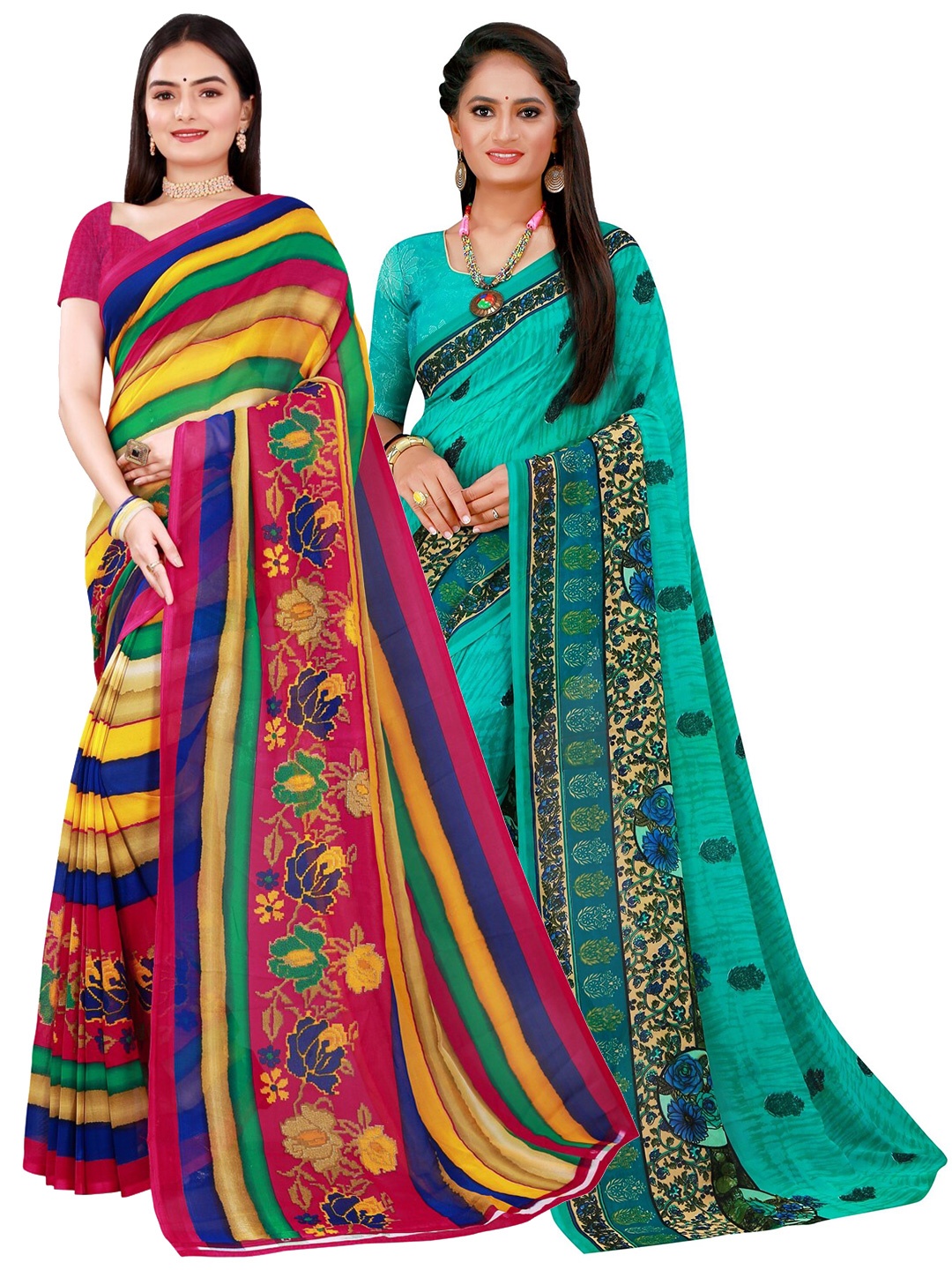 

KALINI Pack of 2 Multicoloured & Green Floral Pure Georgette Saree, Multi