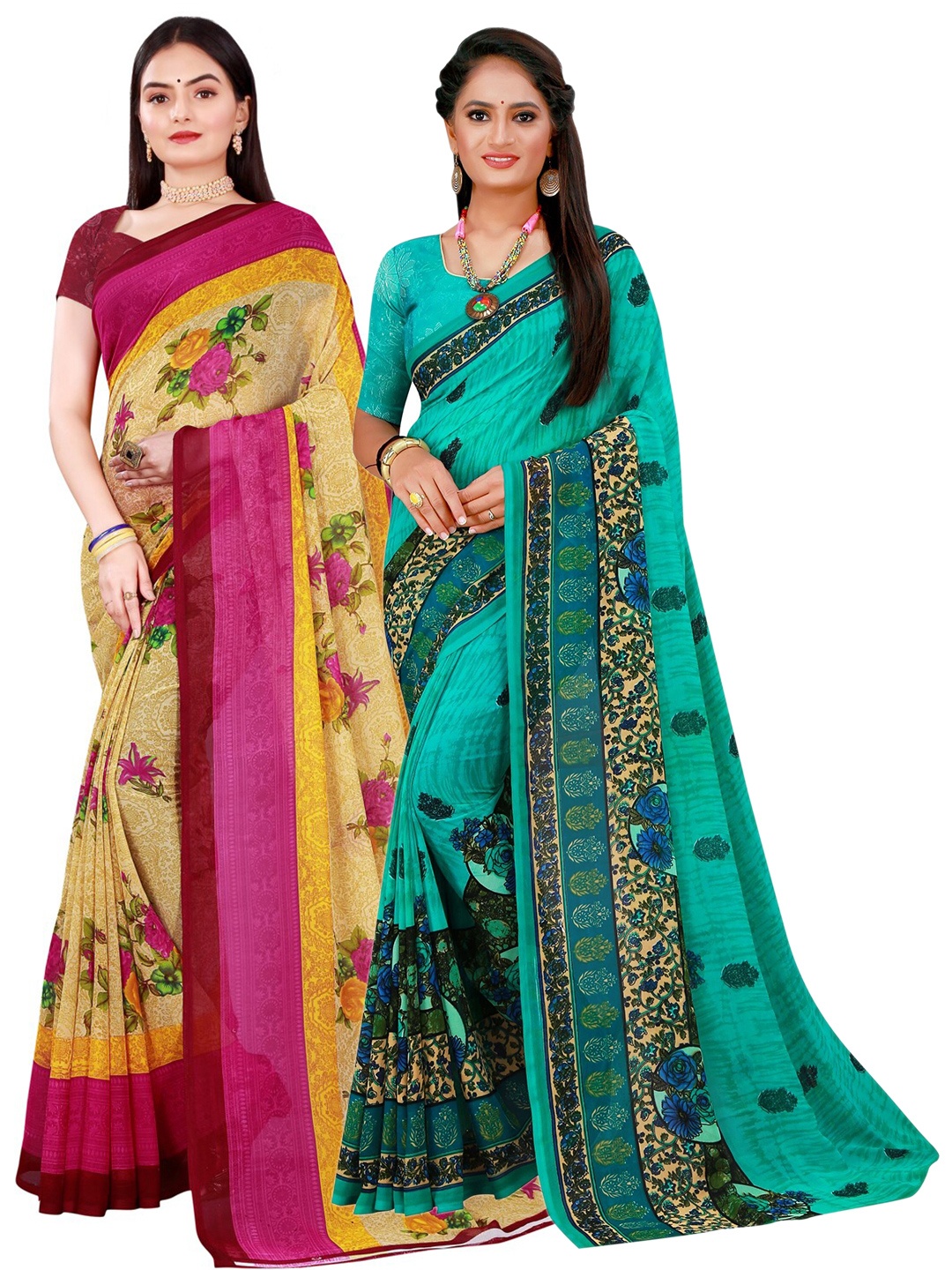 

KALINI Beige & Green Set Of 2 Floral Pure Georgette Saree