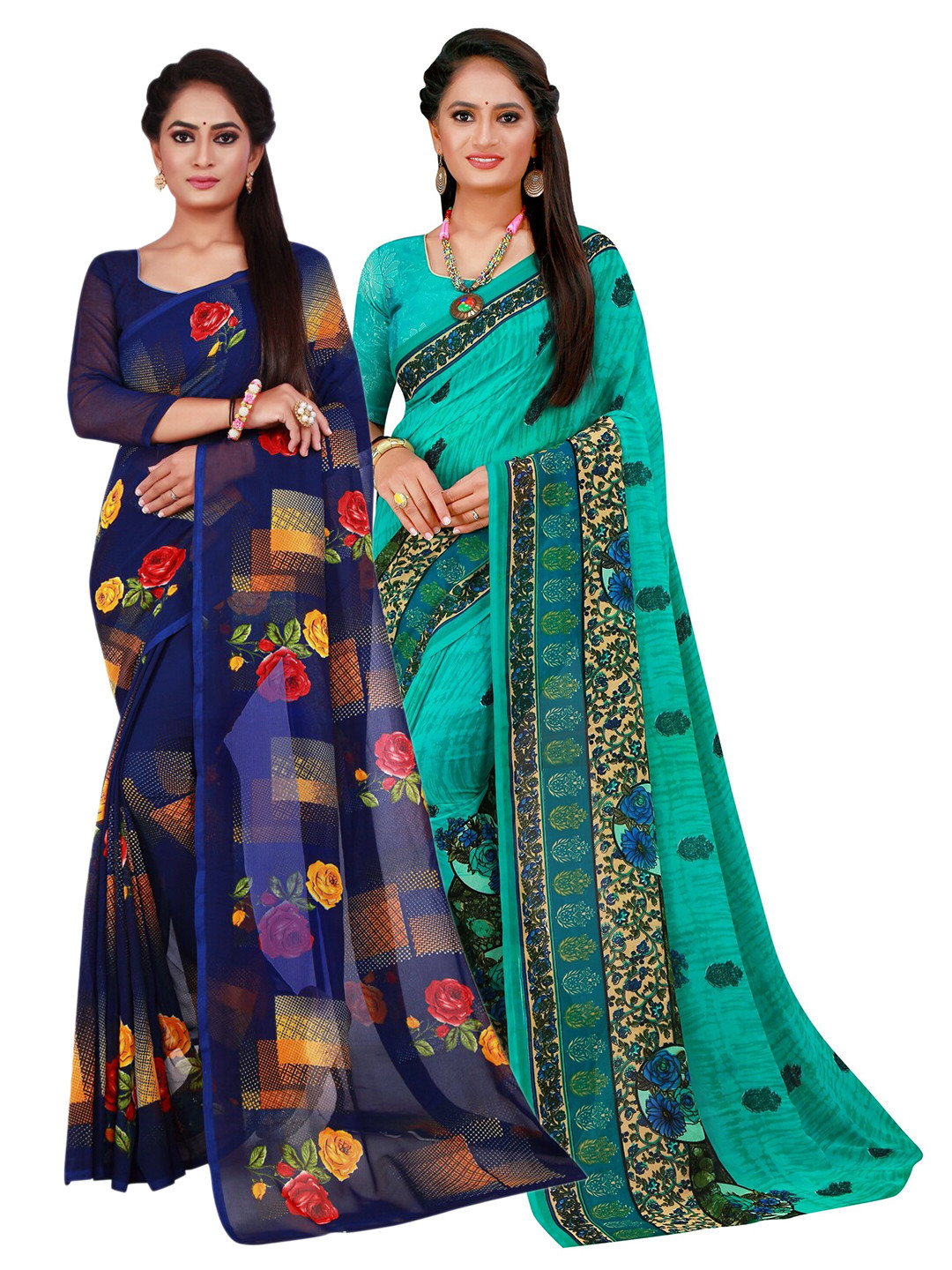 

KALINI Pack Of 2 Turquoise Blue & Green Floral Pure Georgette Saree