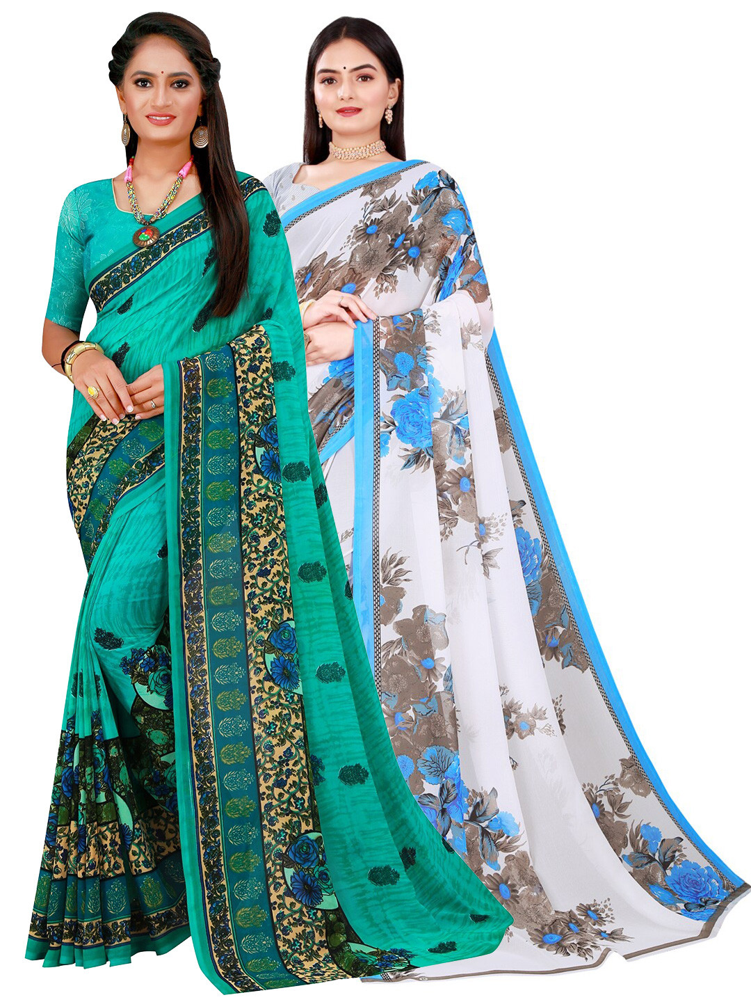 

KALINI Pack Of 2 Turquoise Blue & Green Floral Pure Georgette Saree