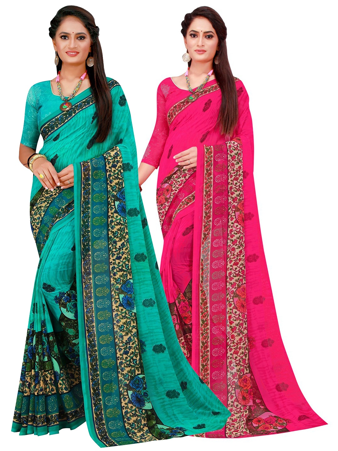 

KALINI Turquoise Blue & Pink Floral Pack of 2 Pure Georgette Saree