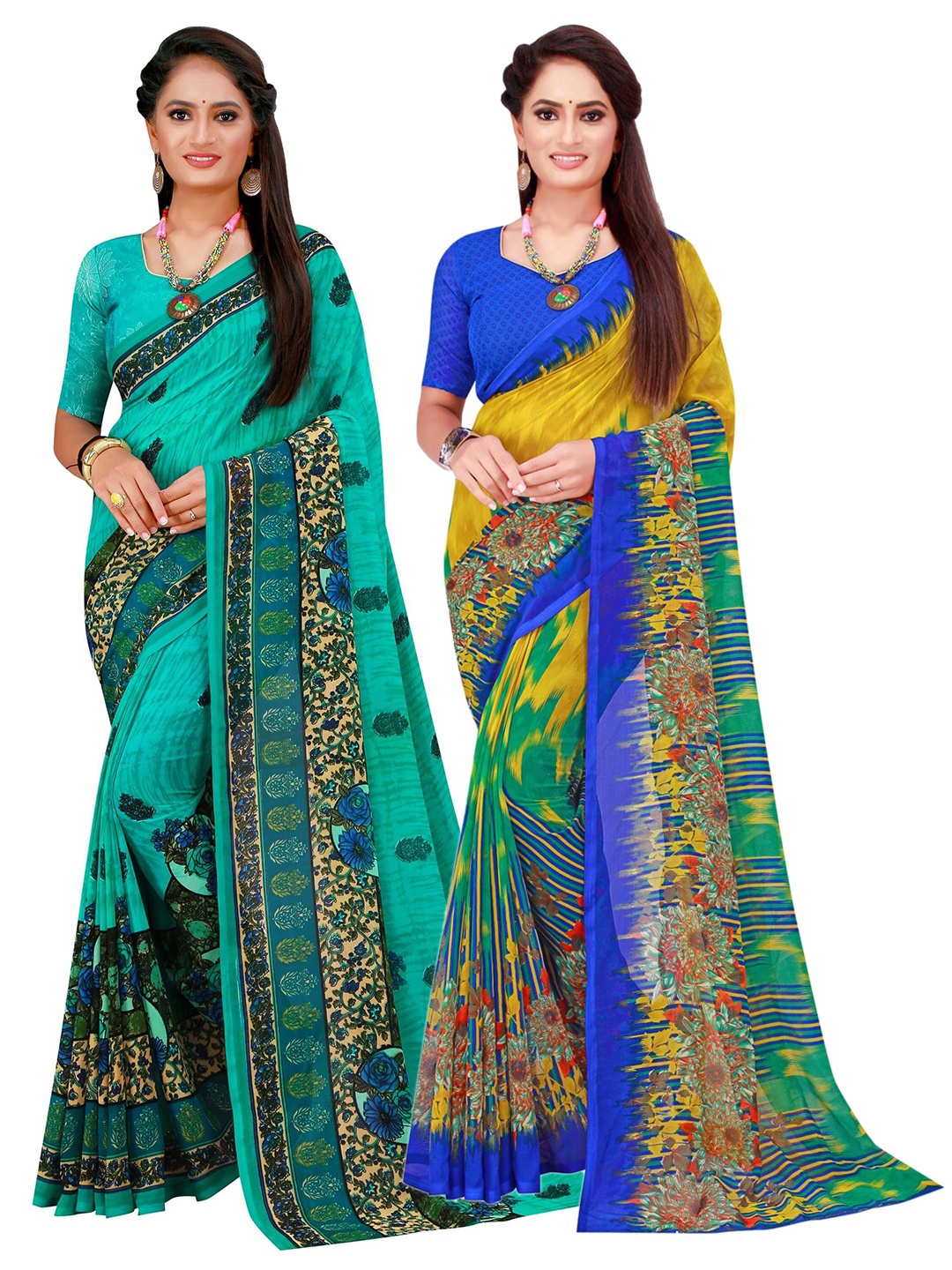 

KALINI Set Of 2 Turquoise Blue & Green Floral Pure Georgette Saree