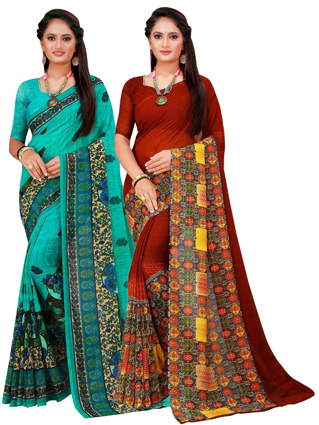 

KALINI Turquoise Pack of 2 Blue & Brown Floral Printed Pure Georgette Saree, Turquoise blue