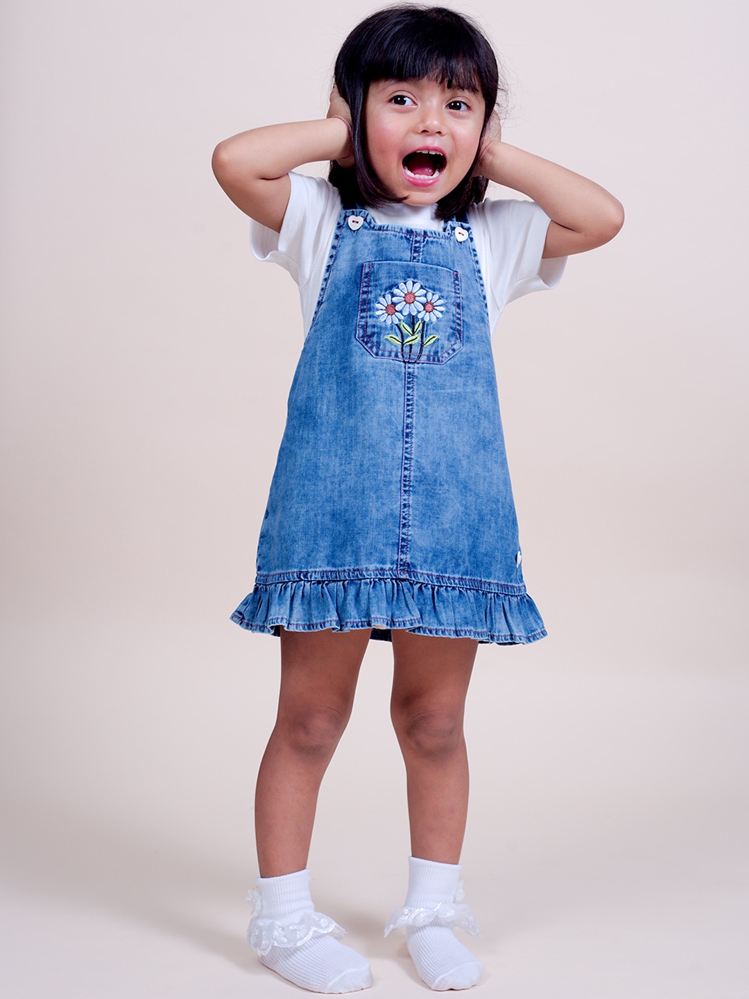 

Little Carrot Infant Girls Indigo-Blue & White Embroidered Cotton Denim Dungaree