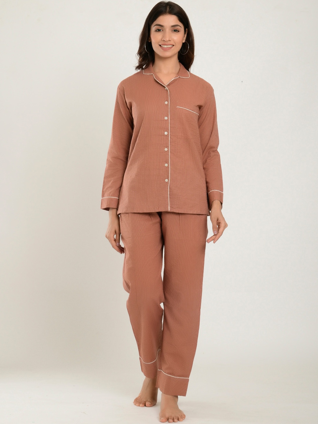 

CRAFIQA Women Rust Striped Night suit