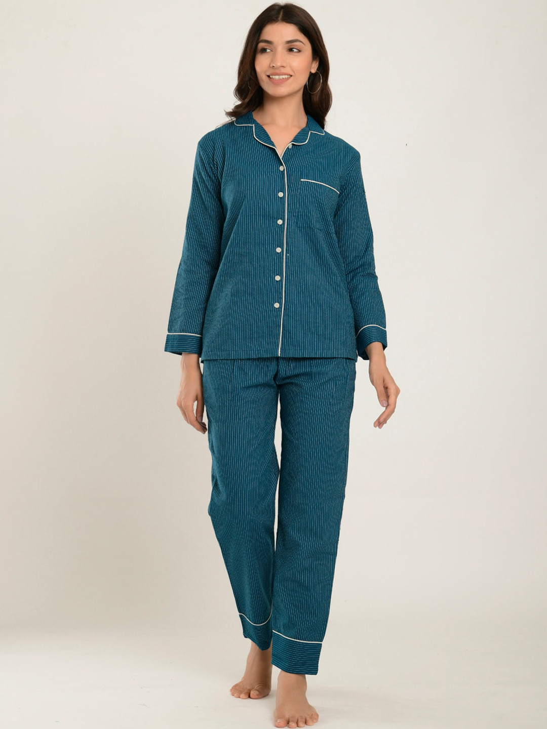 

CRAFIQA Women Blue Striped Night suit
