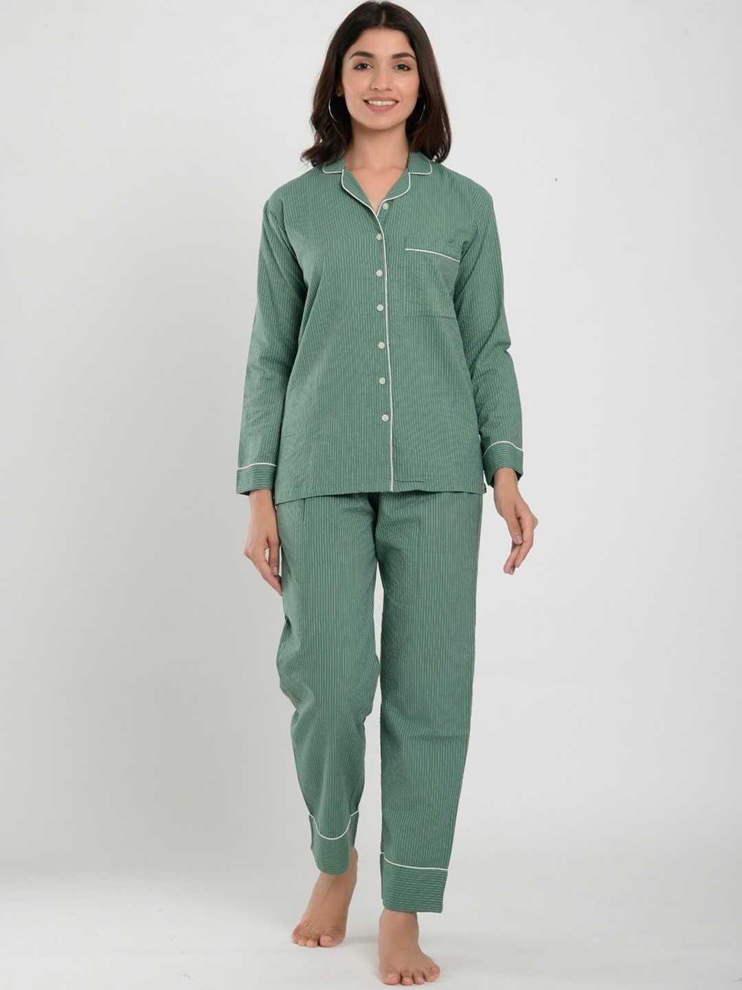 

CRAFIQA Women Green & White Striped Night suit