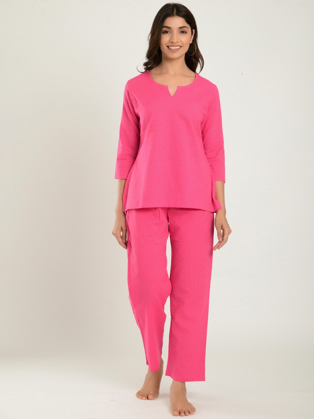 

CRAFIQA Women Pink & White Striped Night suit