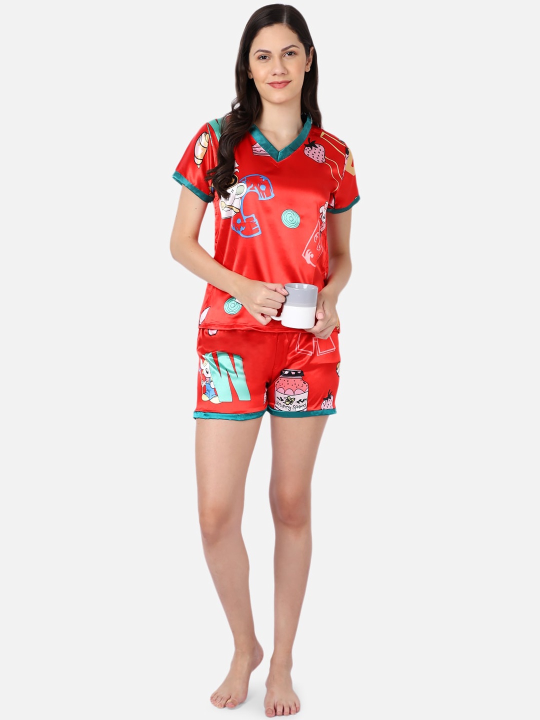 

GRACIT Women Red & Green Printed Night suit