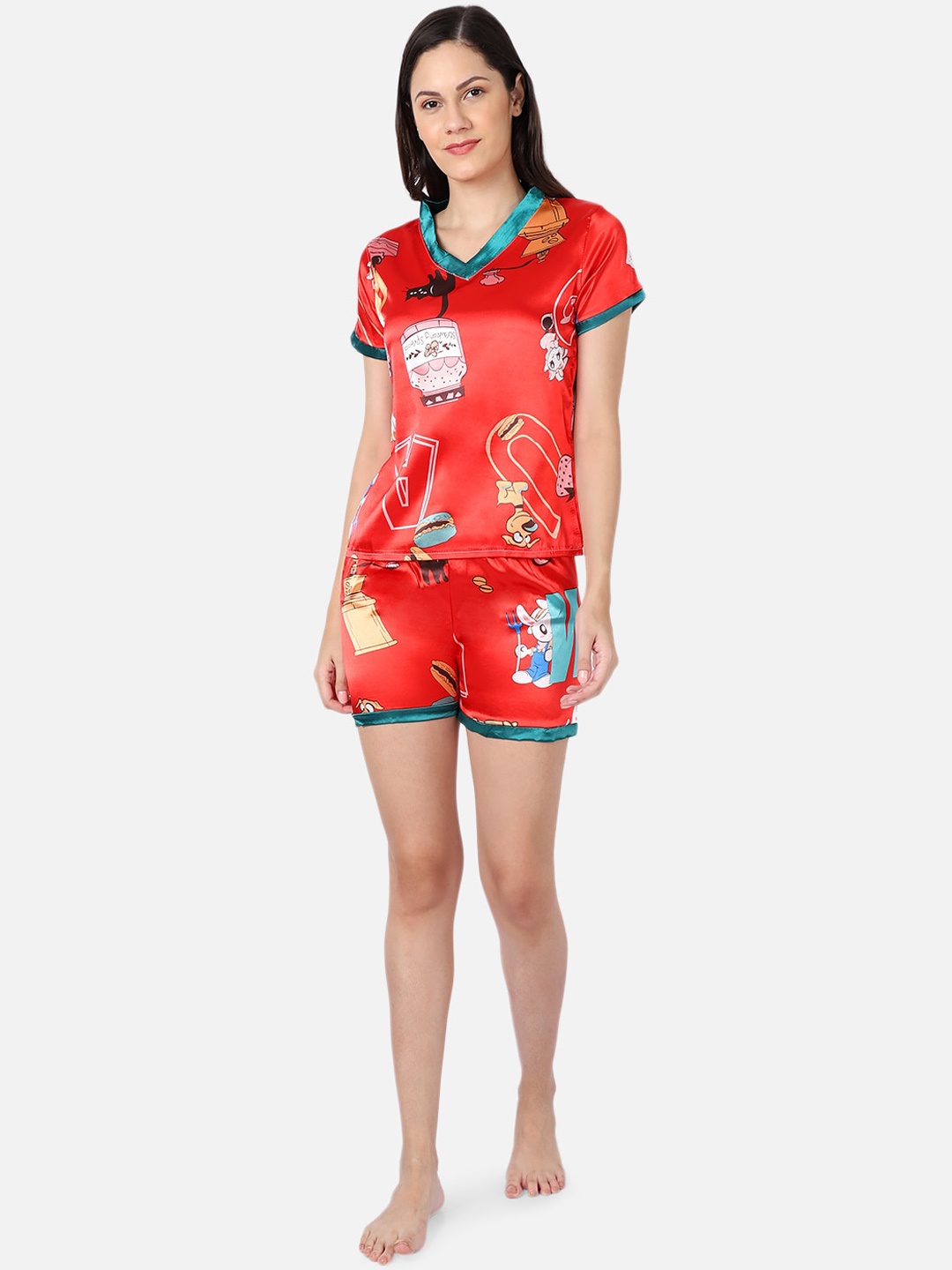 

GRACIT Women Red & White Printed Night suit