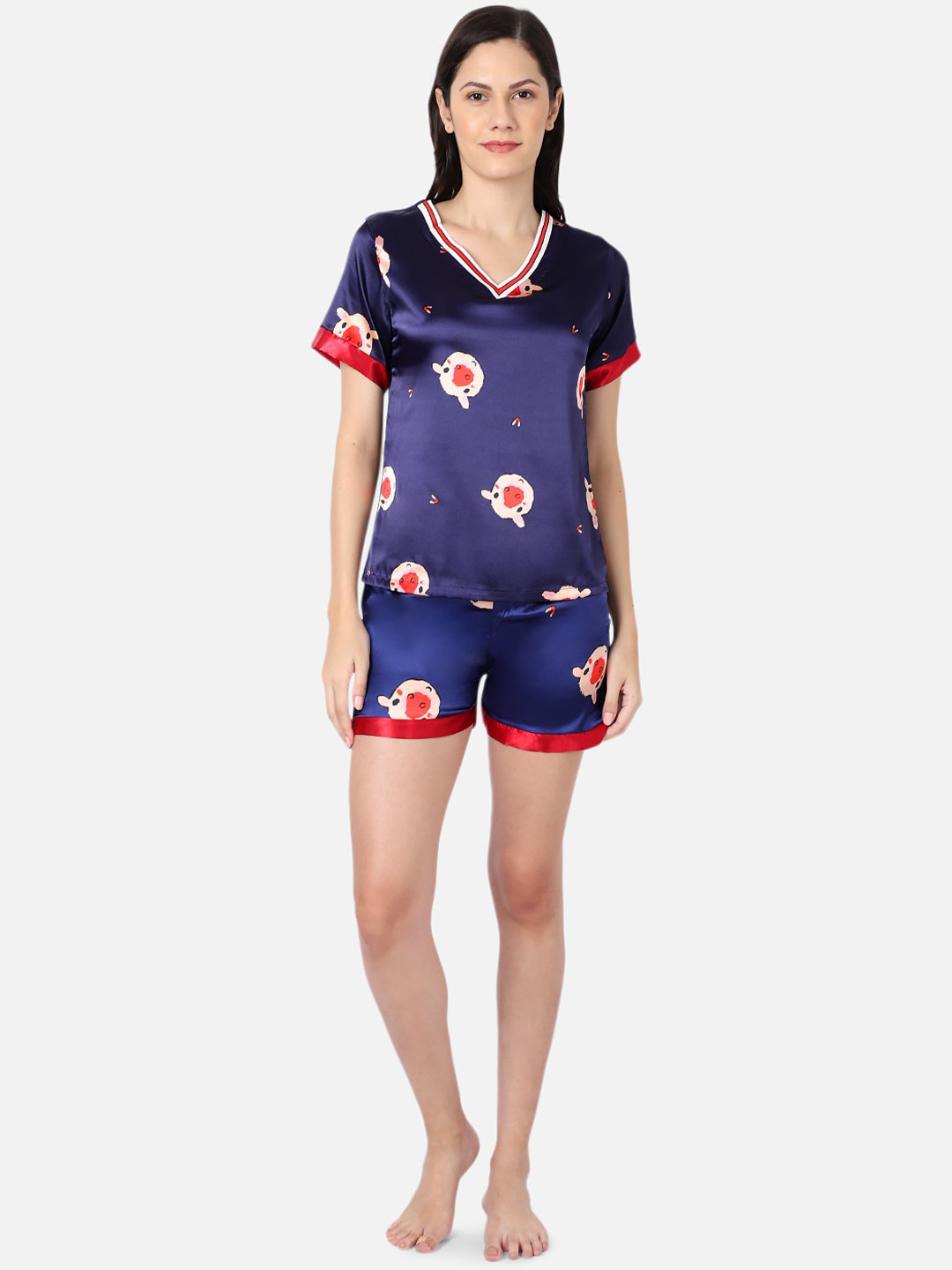 

GRACIT Women Navy Blue & Red Printed Night suit