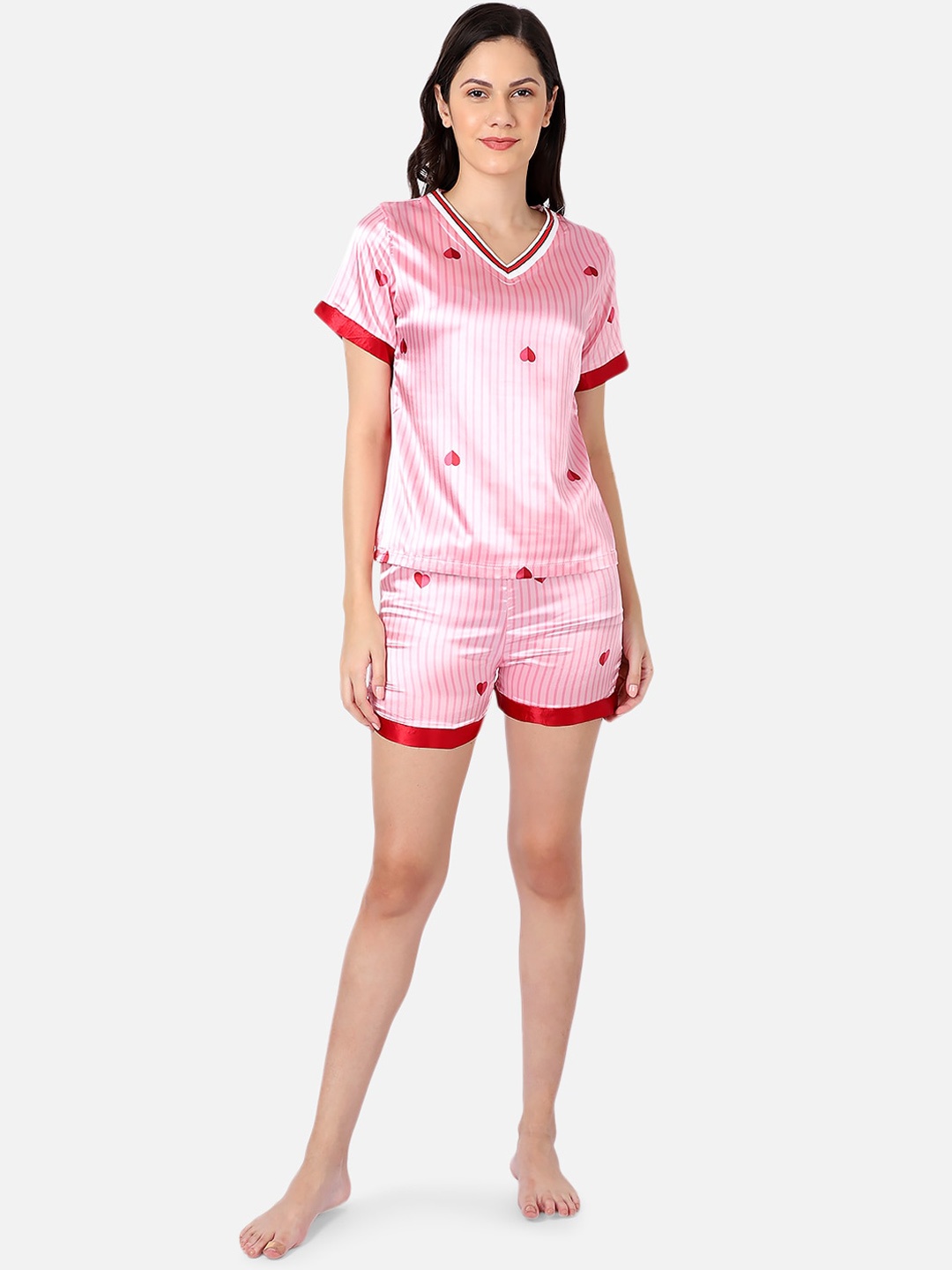 

GRACIT Women Pink & Red Printed Night suit