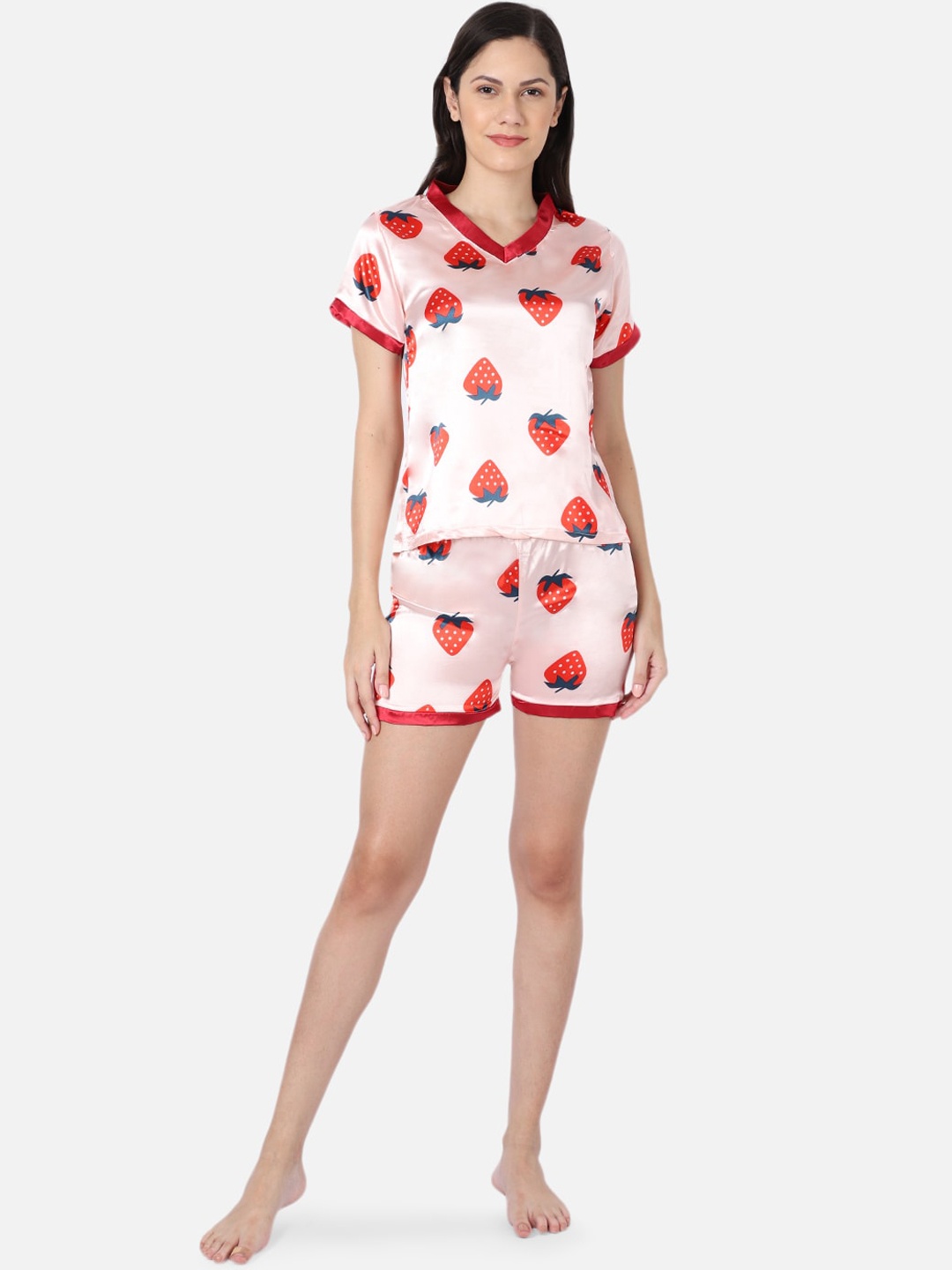 

GRACIT Women Pink & Red Printed Night suit