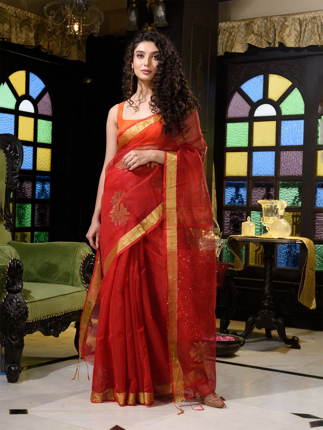

Charukriti Red & Gold-Toned Embellished Pure Silk Saree