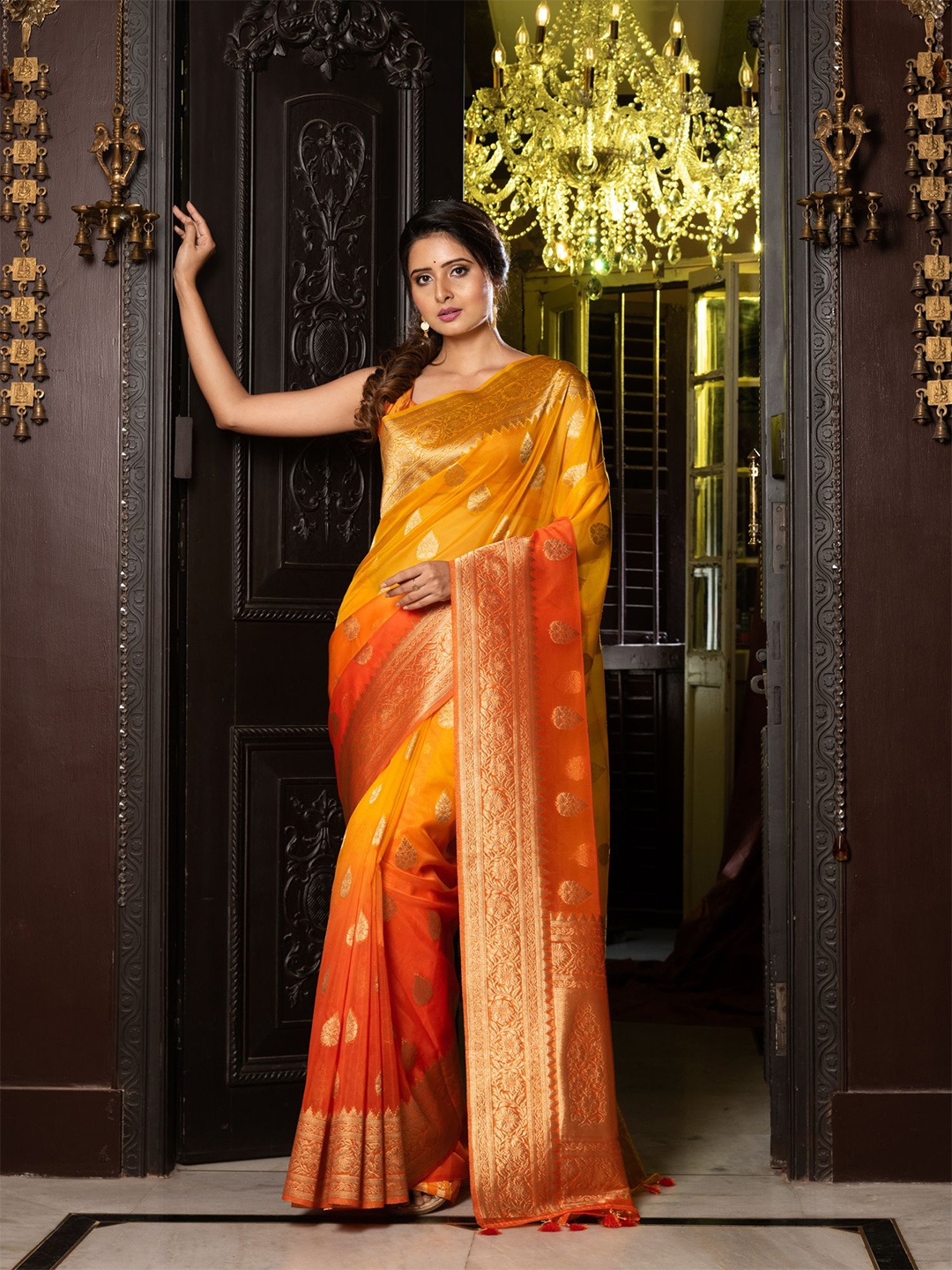 

Charukriti Mustard & Gold-Toned Woven Design Organza Saree