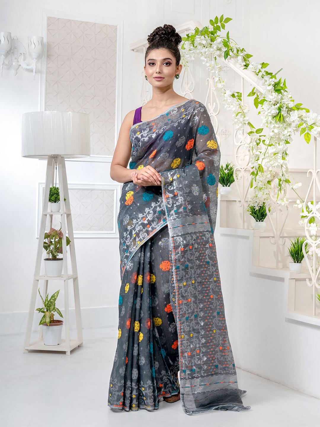 

Charukriti Grey & Orange Woven Design Silk Cotton Jamdani Saree